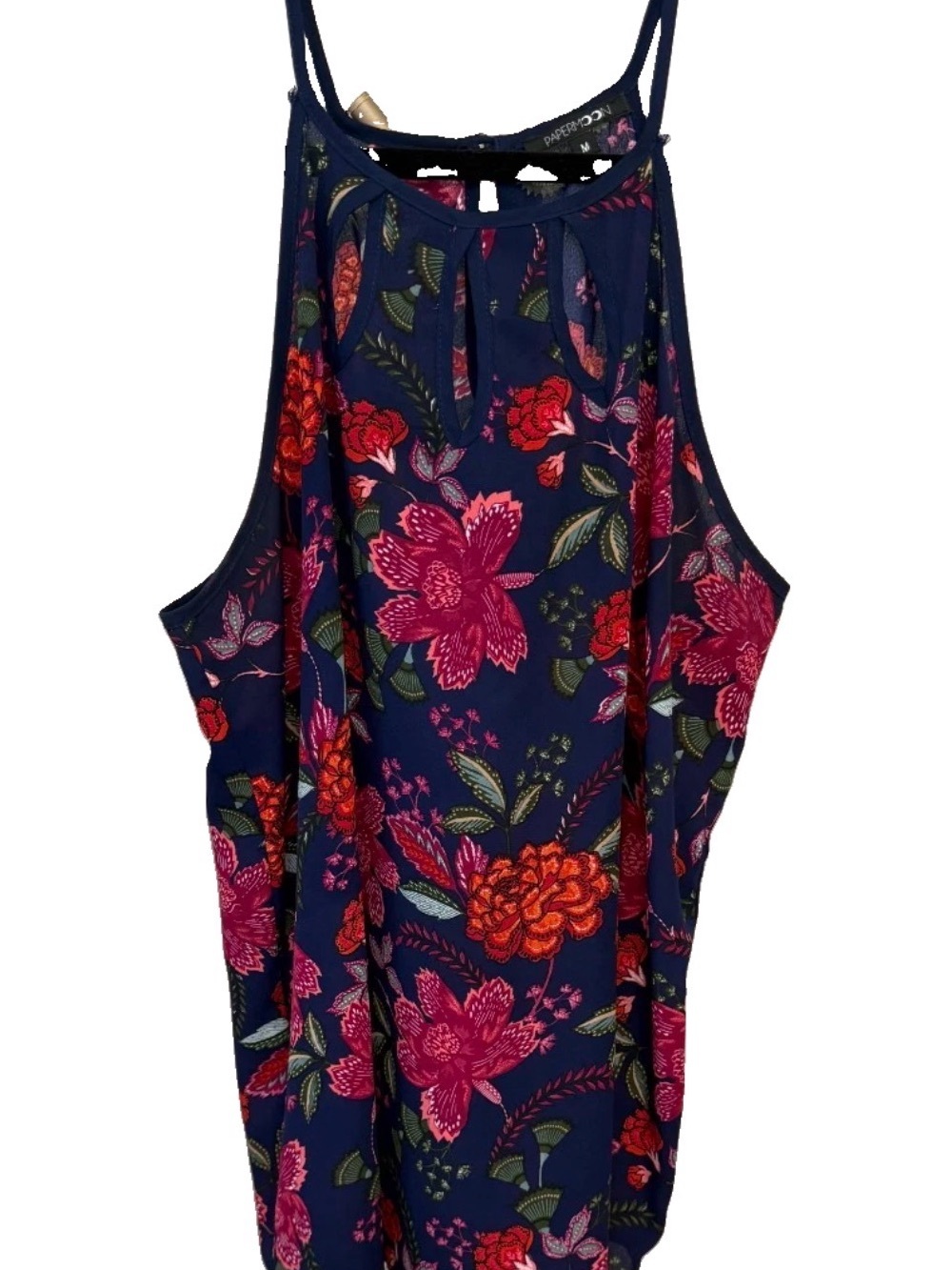 Papermoon Halter Top Women's Medium Blue Floral Key Hole Neckline Vibrant EUC